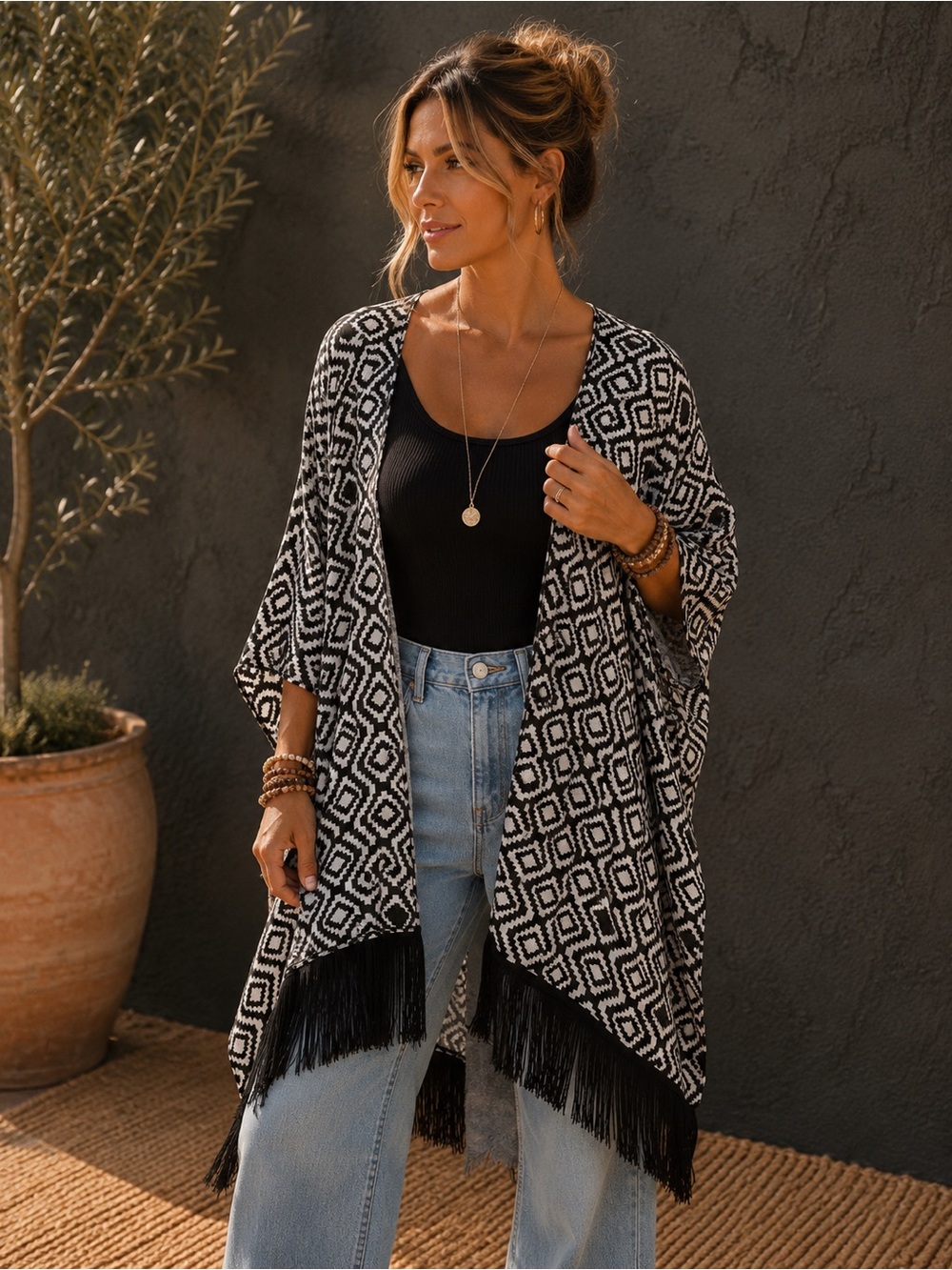 OP Black & White Fringe Open-Front Sheer Kimono | Large